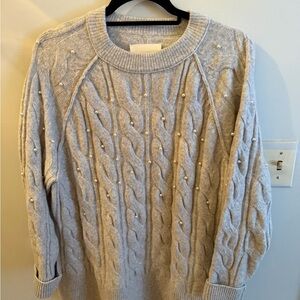 Aerie Light Gray Cable Knit Sweater with Pearl Details
